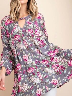 Umgee Floral Key Hole Bell Sleeve Trapeze Swing Mini Dress